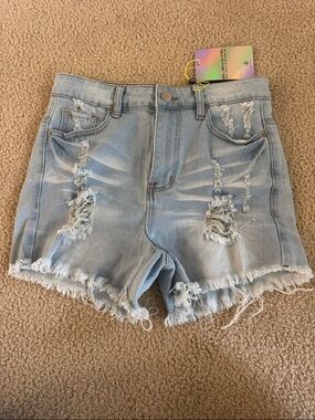 High-Rise Light Blue Distressed Denim Shorts